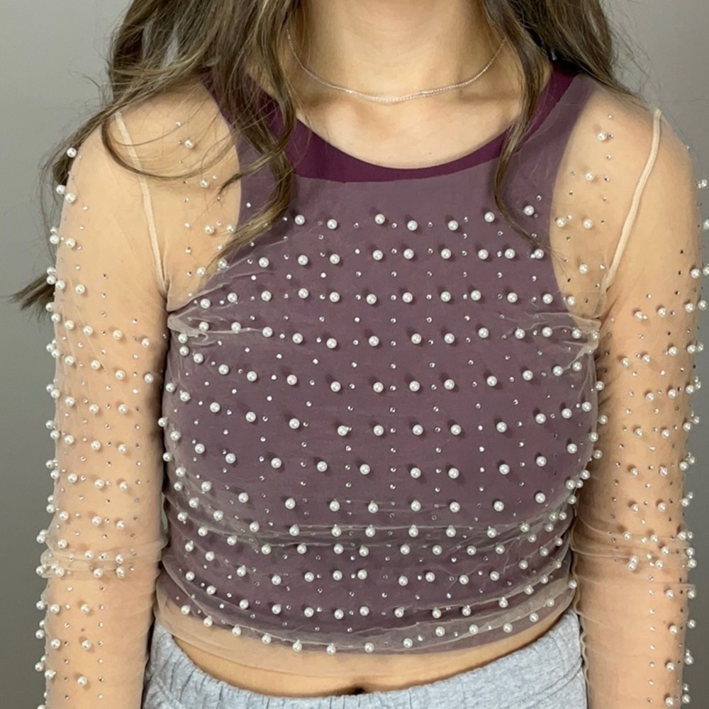 Sheer mesh pearl shiny rhinestone long sleeve blouse - Picture 16 of 16